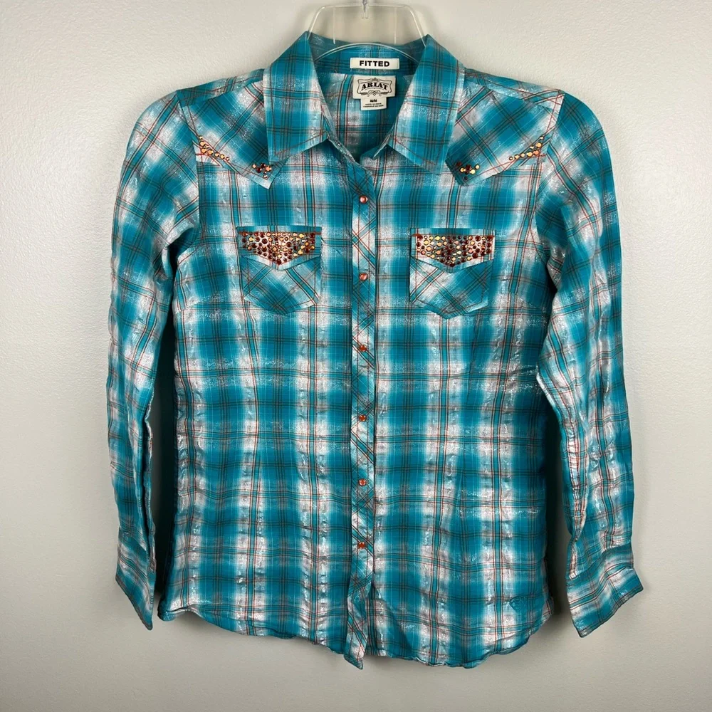 WOMEN’S ARIAT WESTERN SHIRT MEDIUM FITTED PEARL SNAP TEAL METALLIC PLAID STUDDED - Picture 1 of 10
